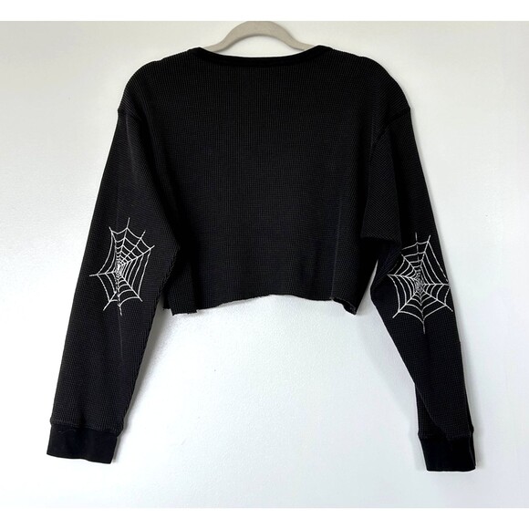 VINTAGE MT:2 Skull & Spiderweb Thermal Top Black Waffle Knit XL Reworked Cropped - Picture 10 of 11